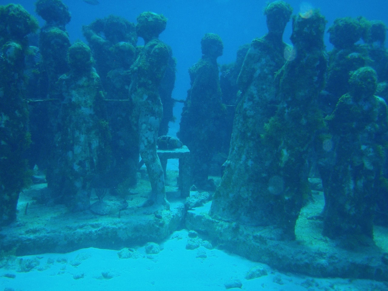 Submerged statue at the MUSA Underwater Museum with fish, snorkeling in Cancun, Mexico